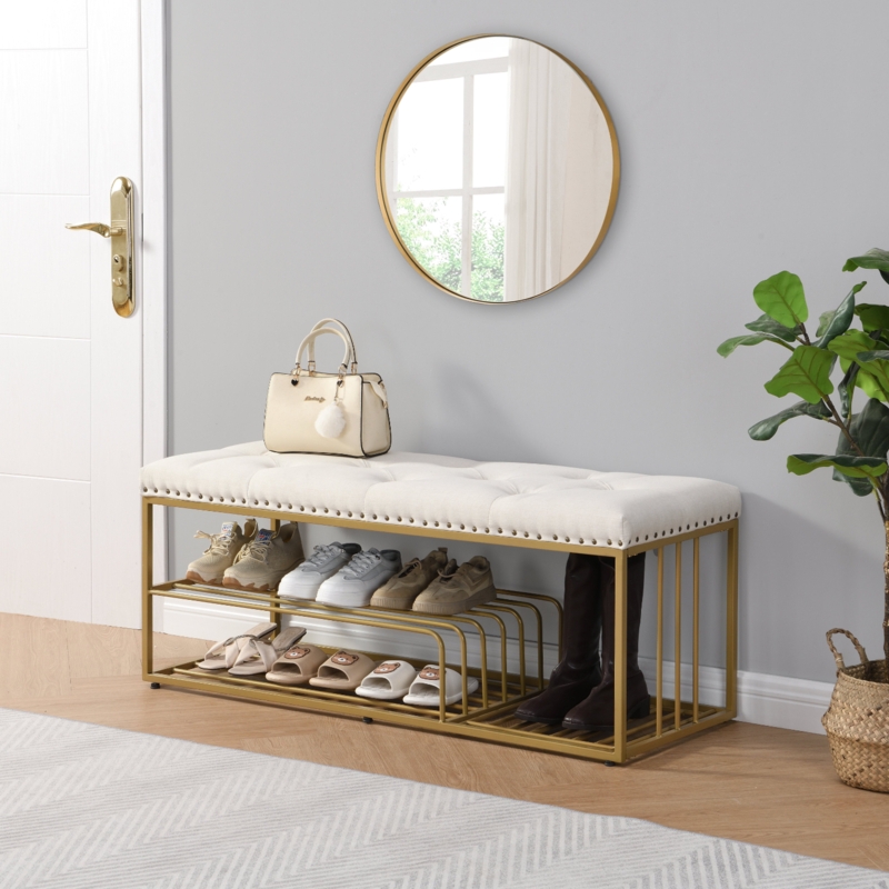 Shoe Storage Bench Polished Gold Frame Cream Tufted Seat Nailhead Trim Glam