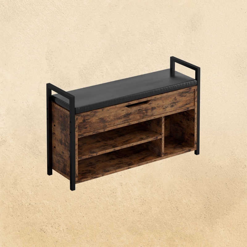 Shoe Storage Bench Rustic Brown Distressed Finish Side Handles Industrial
