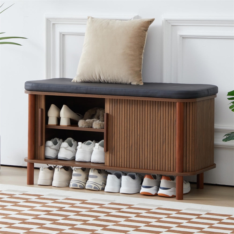 Shoe Storage Bench Walnut Sliding Tambour Door Mid Century Mudroom