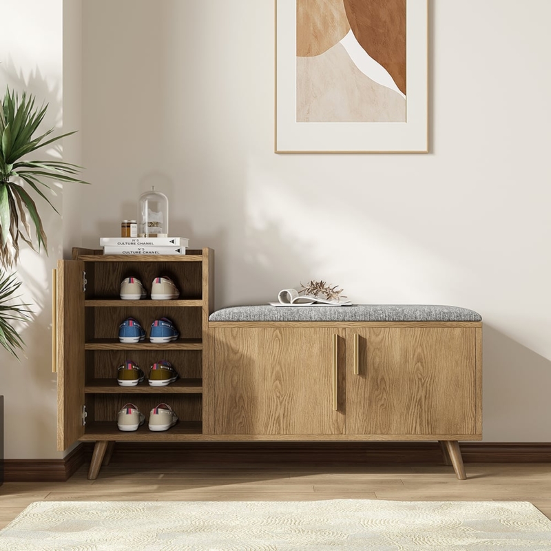 Shoe Storage Bench Warm Oak Vertical Pulls Dual Compartments Japandi Style