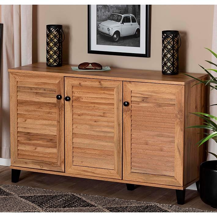 Shoe Storage Cabinet Oak Brown Louvered Doors Three Door Front