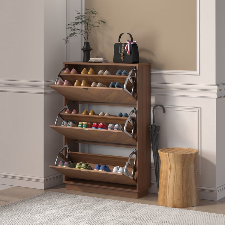 Shoe Storage Cabinet Walnut Flip Down Drawers Narrow Profile