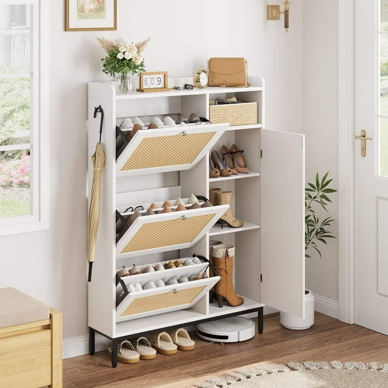 Shoe Storage Cabinet White Rattan Cane Three Flip Drawers Side Cupboard