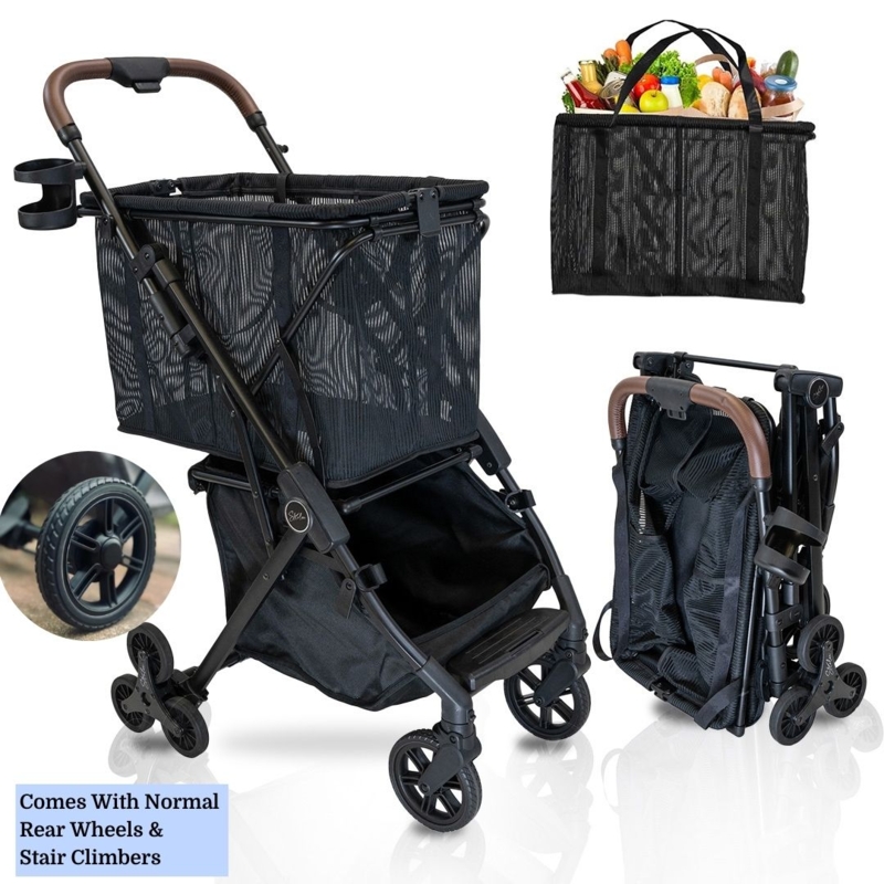 Shopping Cart, Interchangeable Wheels, Stair Climbing, Matte Black Mesh