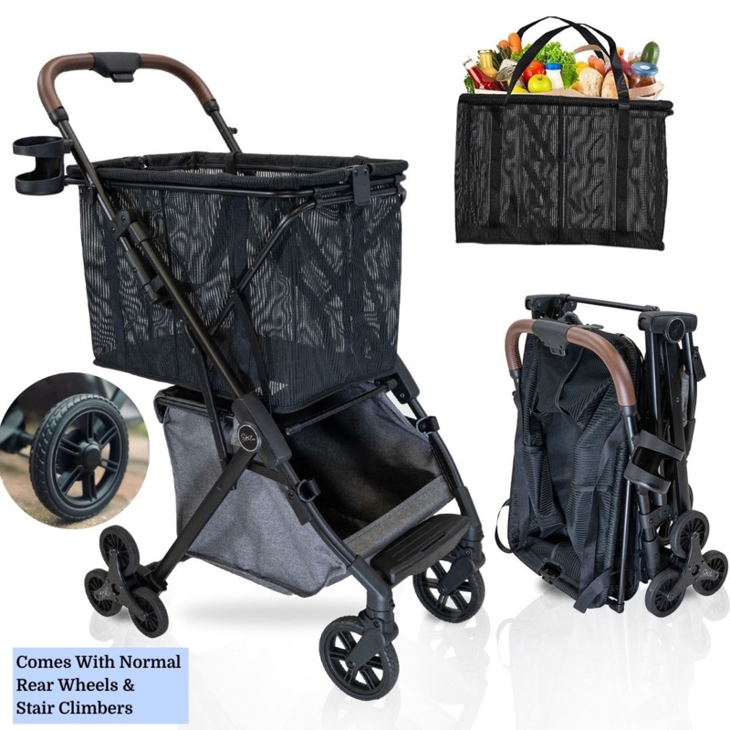 Shopping Cart, Removable Mesh Bag, Stair Climber Wheels, Matte Black