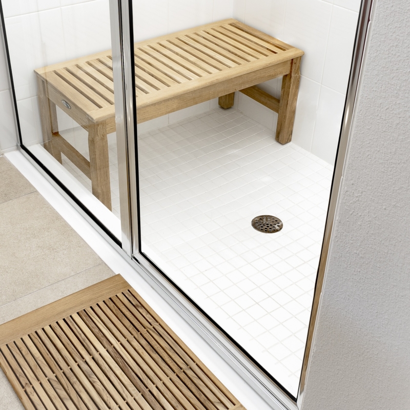 Shower Bench Backless Design, Slatted Top Wood Toned Support Stretchers