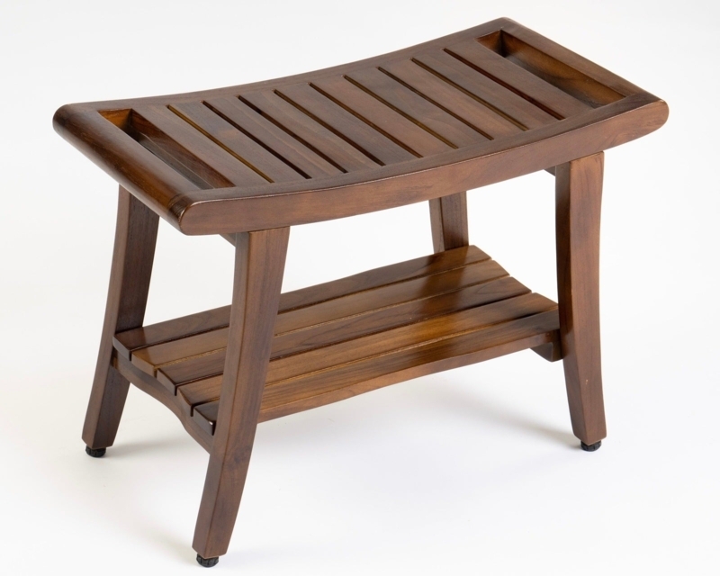 Shower Bench Dark Brown, Curved Seat Slatted Top Rubber Feet Zen Spa