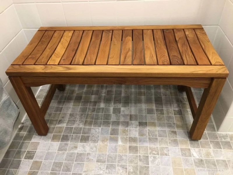 Shower Bench Side Stretchers, Rectangular Form Slatted Top Natural Grain
