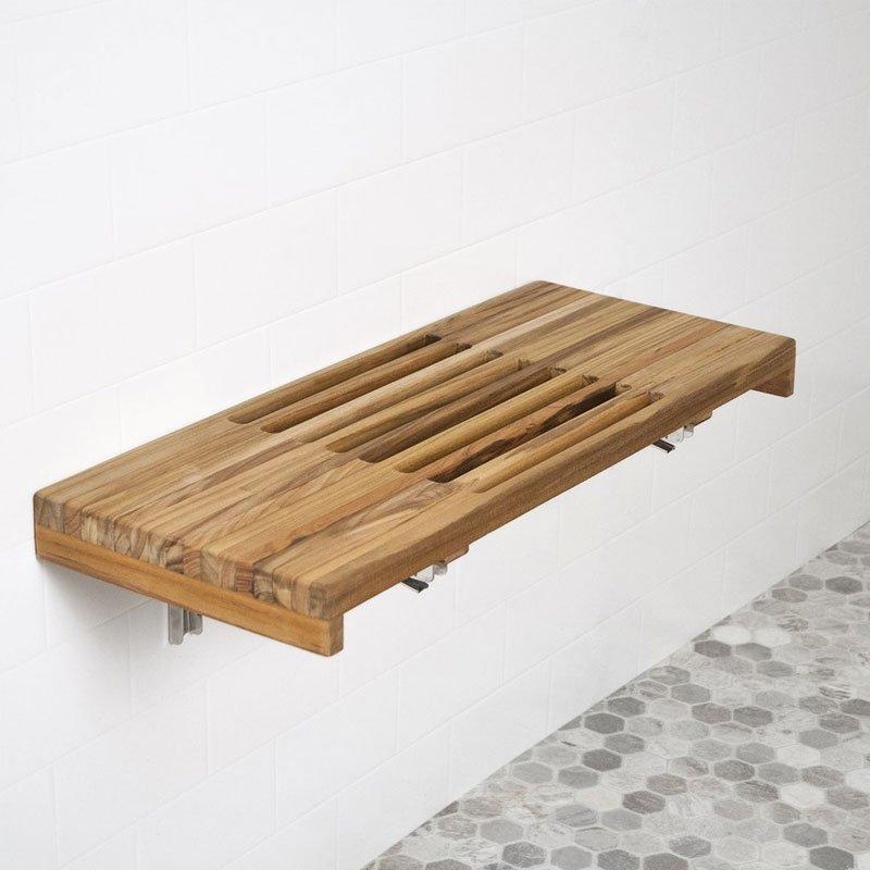 Shower Bench Slot Openings, Folding Design Wall Mounted Teak Wood Satin