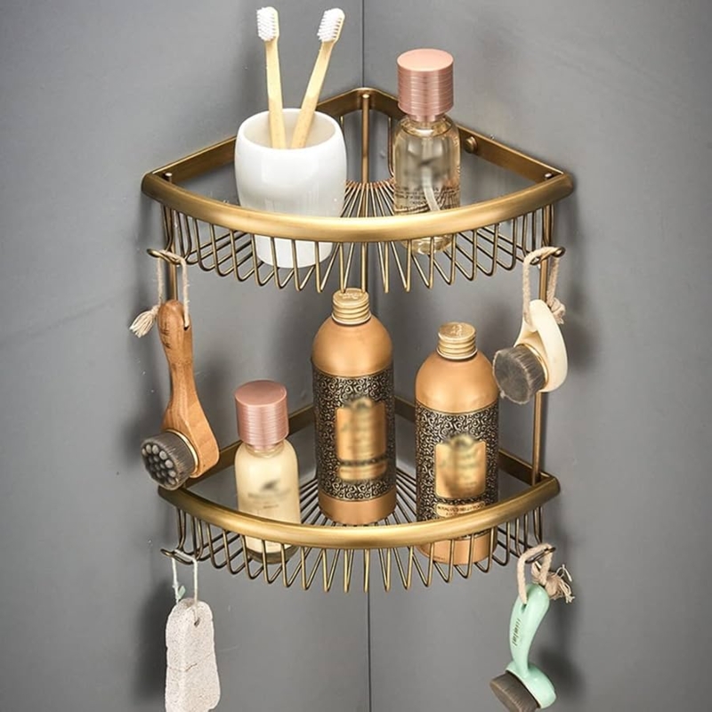 Shower Caddy Antique Brass Corner Shelf Two Tier with Integrated Hooks