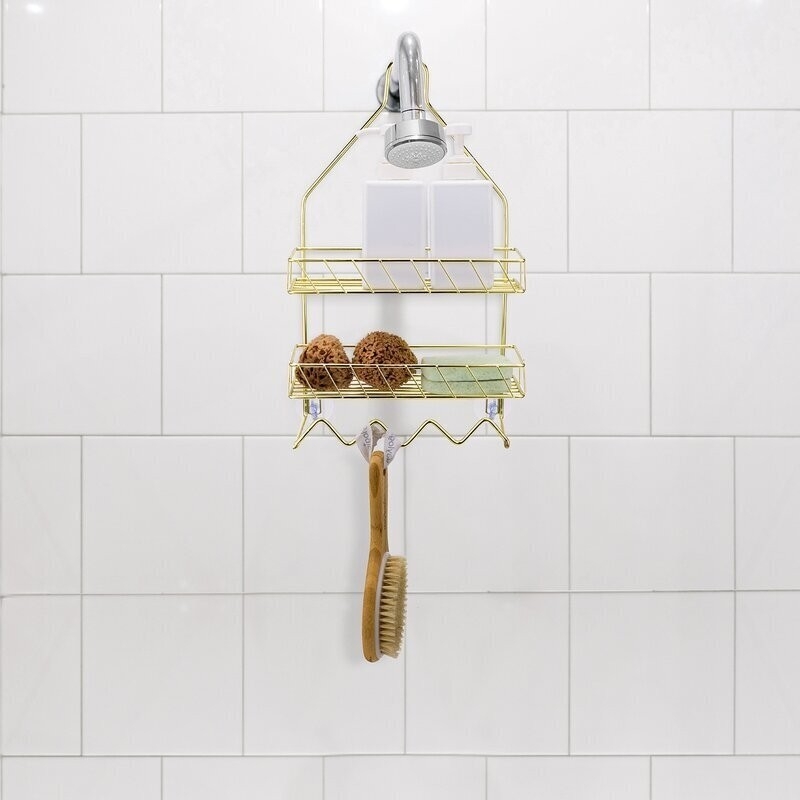 Shower Caddy Modern Brass Two Tier Hanging Bottom Hooks Gold Tone