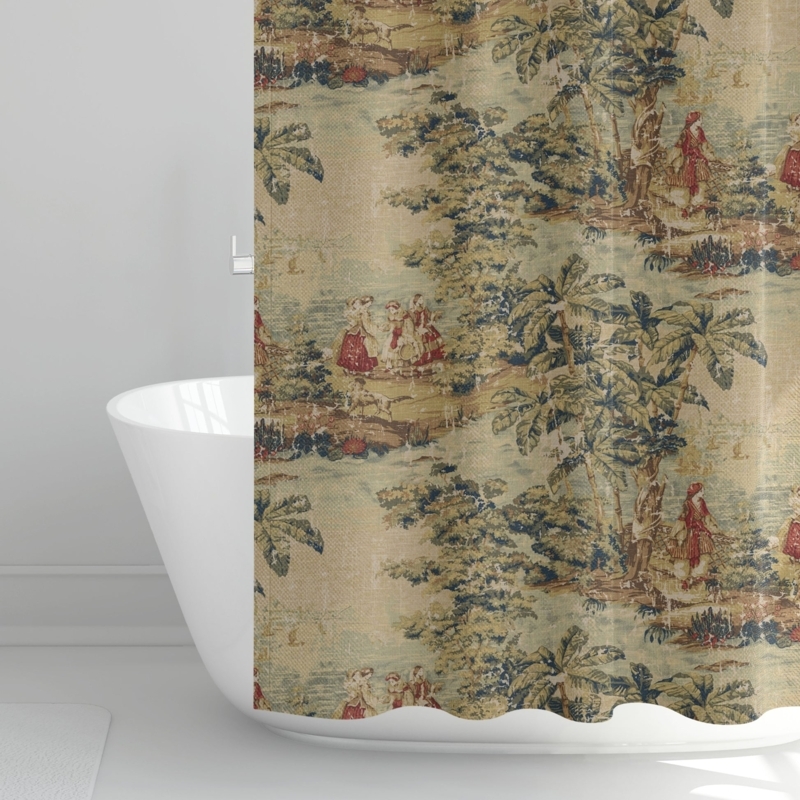 Shower Curtain Antique Red Bosporus Toile Scenic Print Grandmillennial
