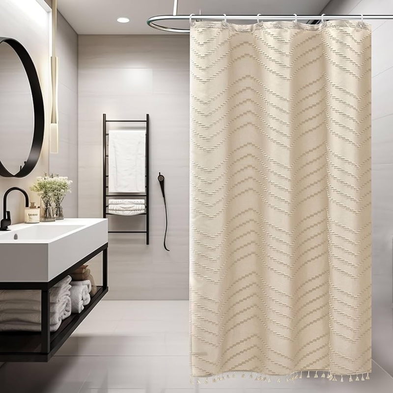 Shower Curtain Beige Tufted Chevron Tassel Fringe Modern Farmhouse