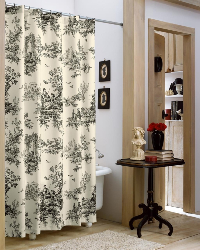 Shower Curtain Black Toile on Cream Background Vintage Pastoral Print