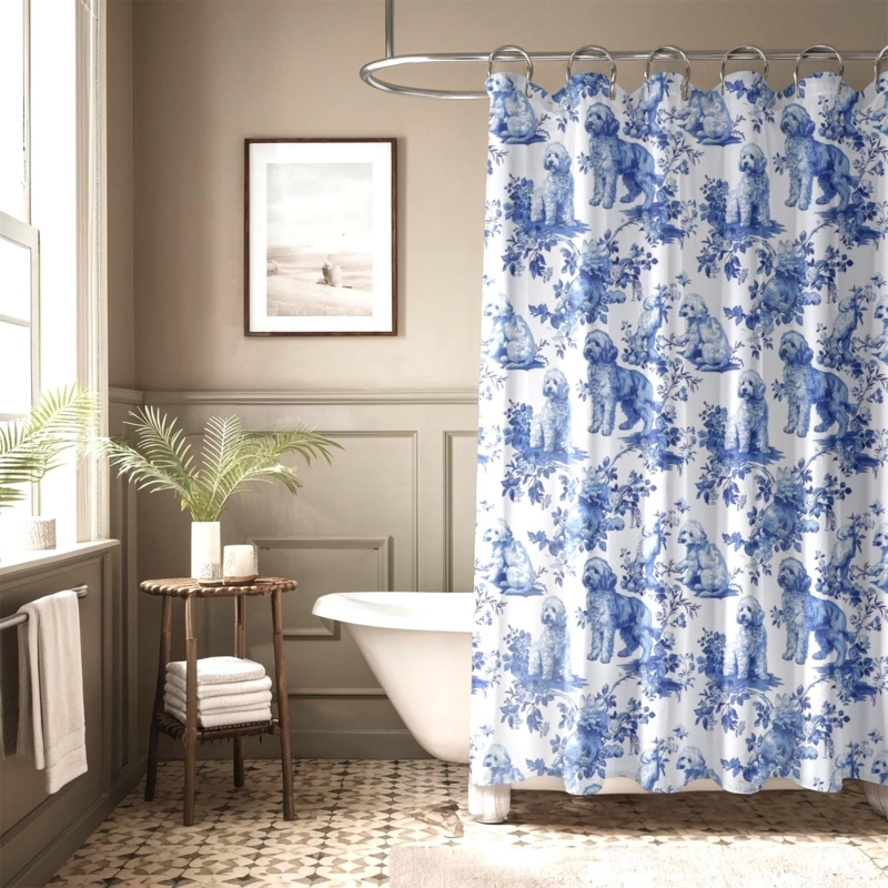 Shower Curtain Blue Goldendoodle Toile Print Whimsical Dog Decor