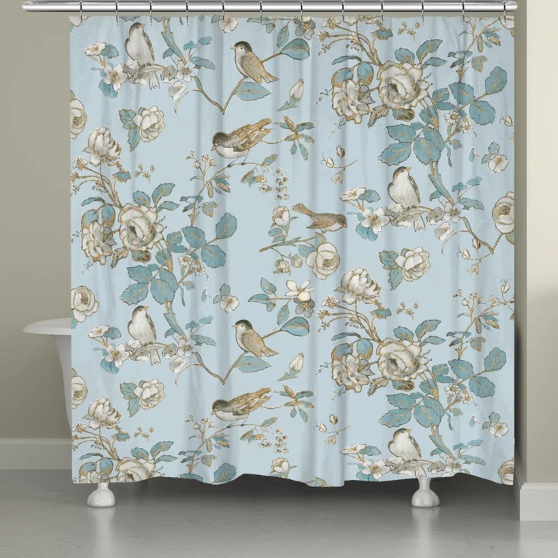Shower Curtain Botanical Bird Toile Print Vintage Style Sky Blue