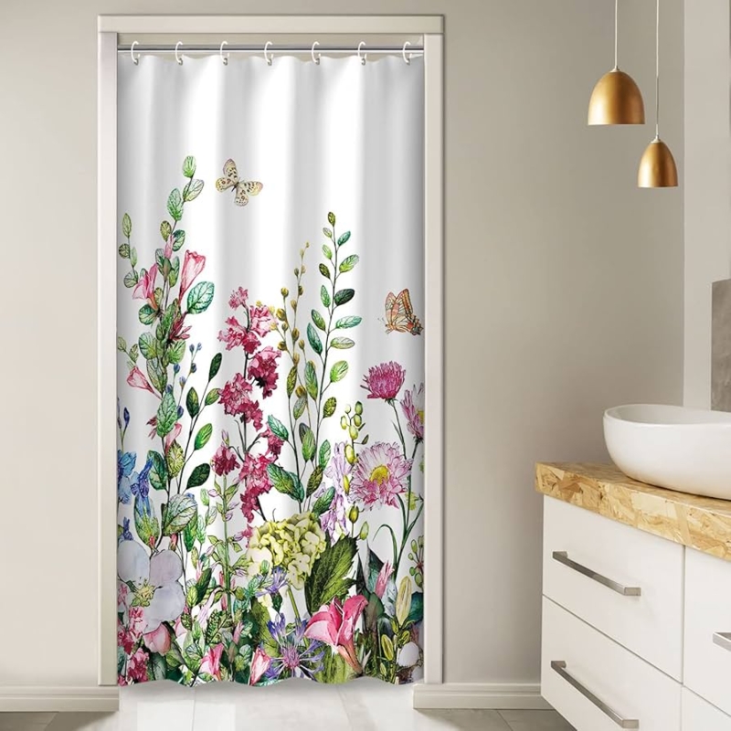 Shower Curtain Butterfly Motif Floral Botanical Print Narrow Stall