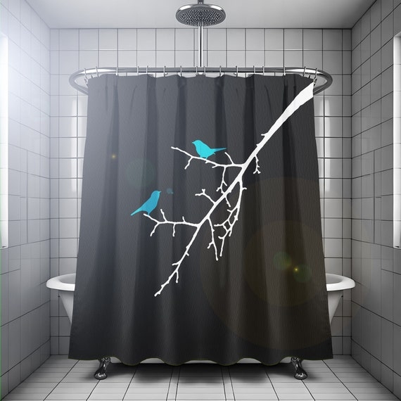 Shower Curtain Charcoal Grey Turquoise Bird Motif Tree Branch Graphic