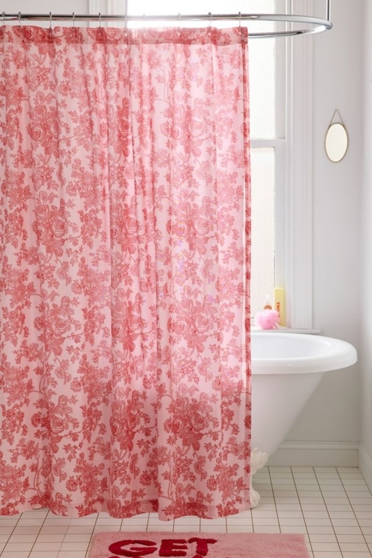Shower Curtain Dusty Rose Floral Toile Print Cottagecore Vintage Style