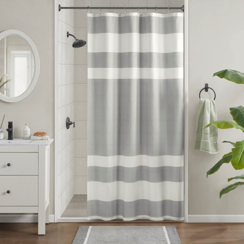 Shower Curtain Grey Waffle Weave Horizontal Stripes Spa Inspired