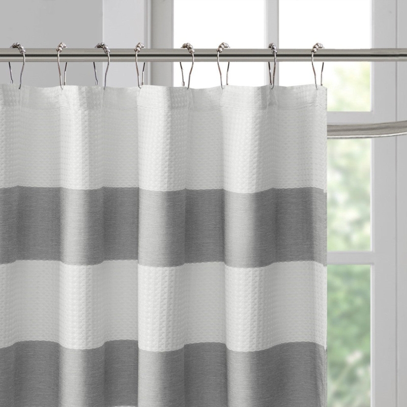 Shower Curtain Heather Grey Horizontal Stripes Waffle Weave Stall Size
