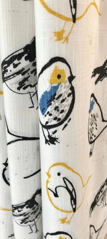 Shower Curtain Linen Hand Sketched Bird Toile Mustard Accents Decor