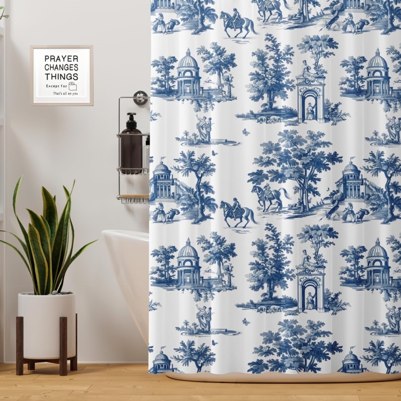 Shower Curtain Navy Scenic Toile Landscape Print French Country Decor