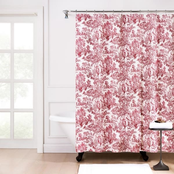 Shower Curtain Red Cotton Toile Scenic Pastoral Design French Country