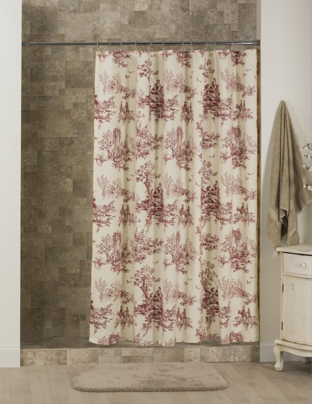 Shower Curtain Red Toile Pastoral Scenes Cream Base French Country