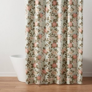 Shower Curtain Sage Floral Toile Botanical Garden Print Muted Pastel
