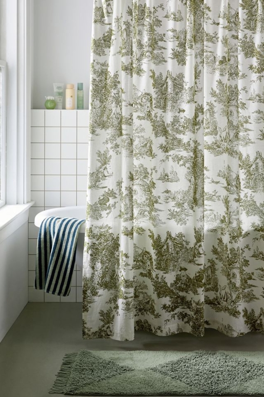 Shower Curtain Sage Frog Toile Nature Inspired Print Cottagecore