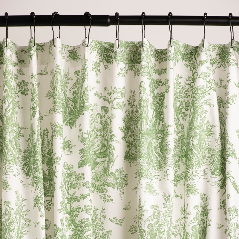 Shower Curtain Sage Green Toile Pastoral Print Beaded Rings Farmhouse