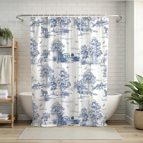 Shower Curtain Vintage Animal Motifs Toile Landscape Pattern