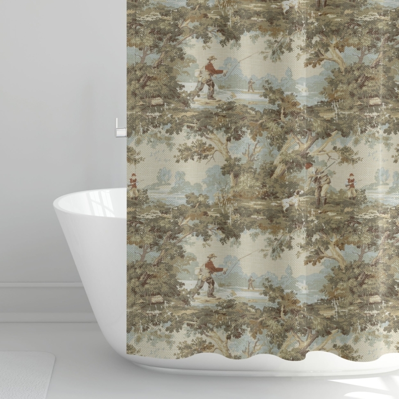 Shower Curtain Vintage Sportsman Toile Hunting Fishing Print Lodge