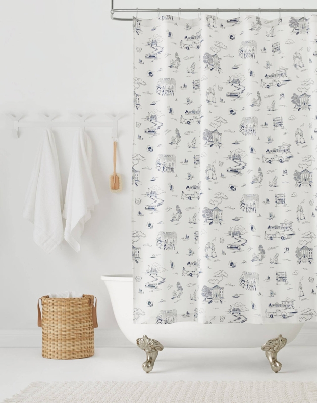 Shower Curtain Whimsical Narrative Scenic Print Denim Blue Toile