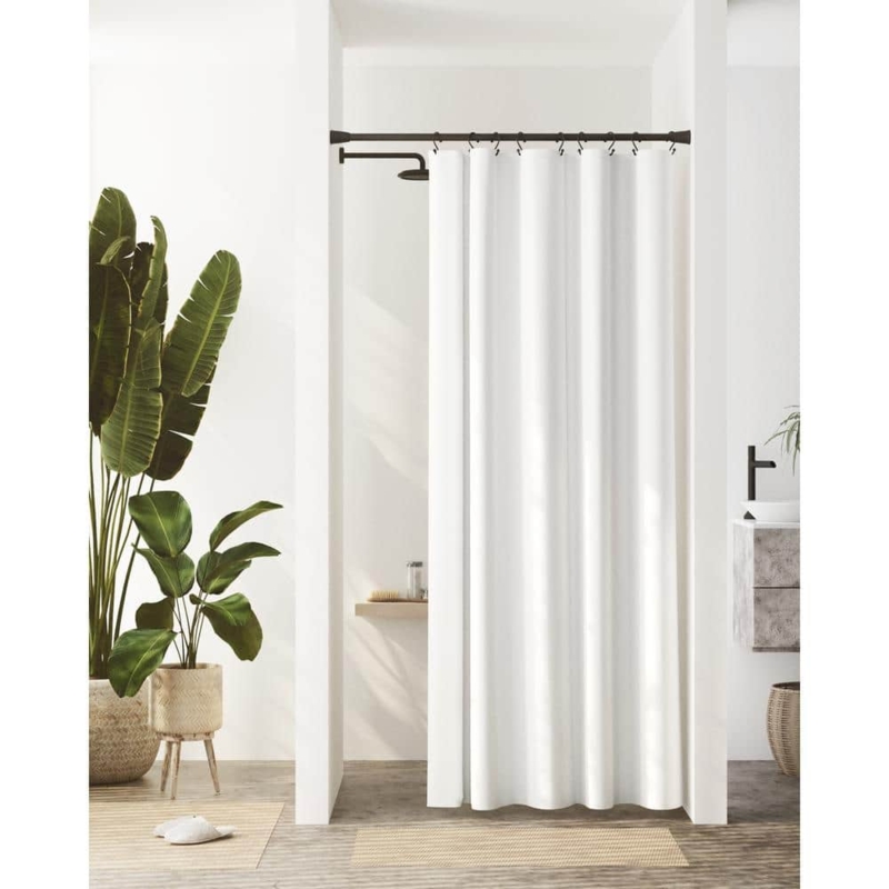 Shower Curtain White Recycled Cotton Stall Sized Matte Black Rings