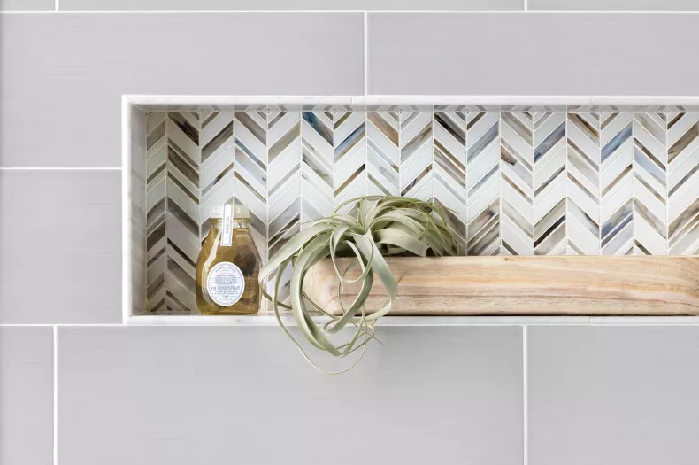 Shower Niche Recessed with Chevron Accent Tile and Thin White Trim