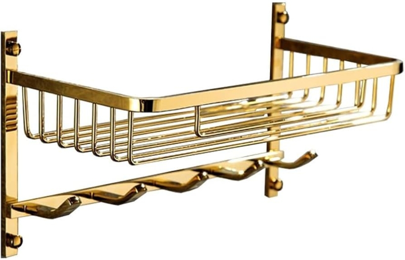 Shower Rack Gold Caddy with Five Hooks Wall Mounted Polished Finish
