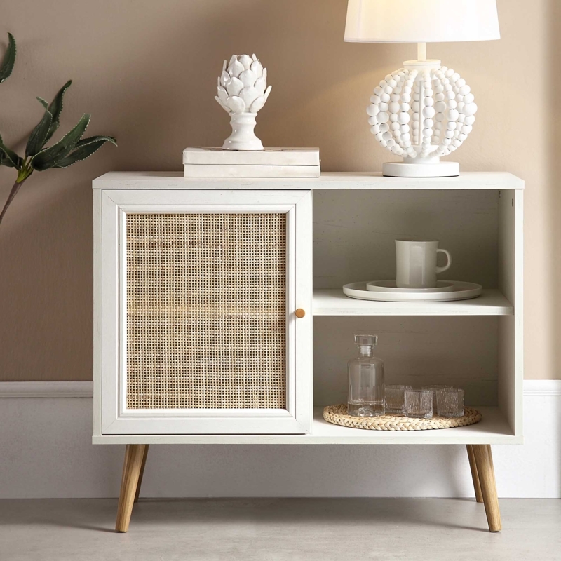Side Cabinet with Asymmetrical Design and Woven Rattan Door, White