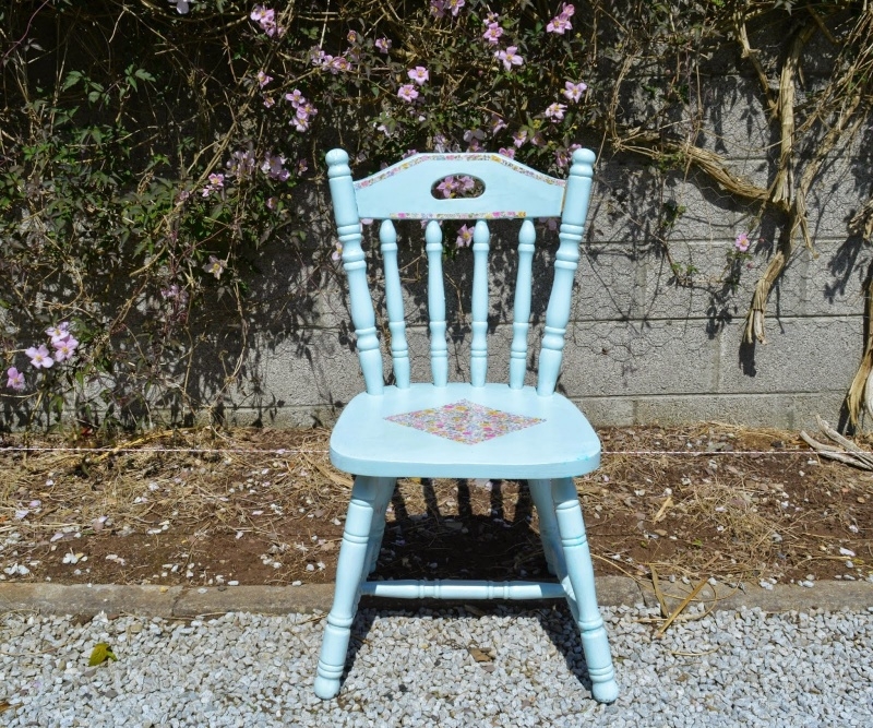 Side Chair Sky Blue Spindle Back Floral Decal Turned Legs Cottage