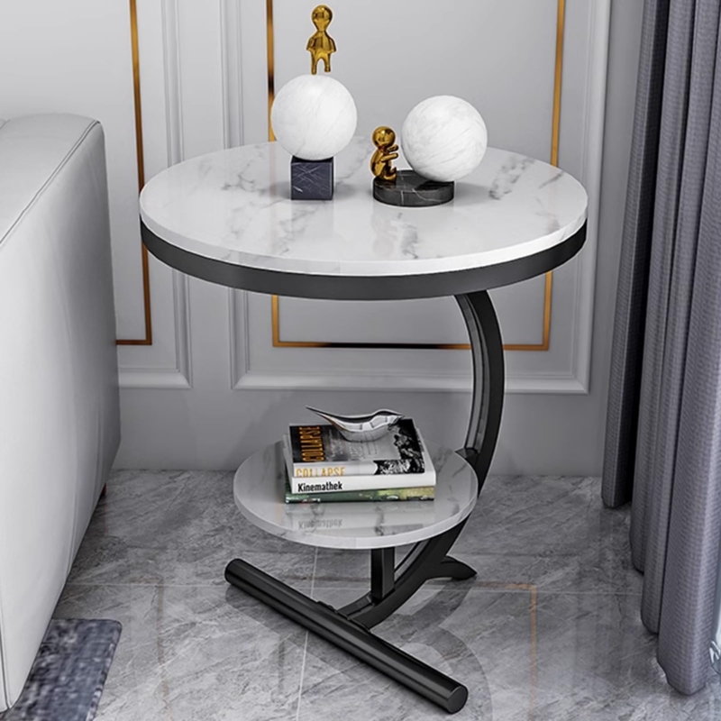 Side Table: C-Shaped, Two-Tier Marble & Black Metal End Table