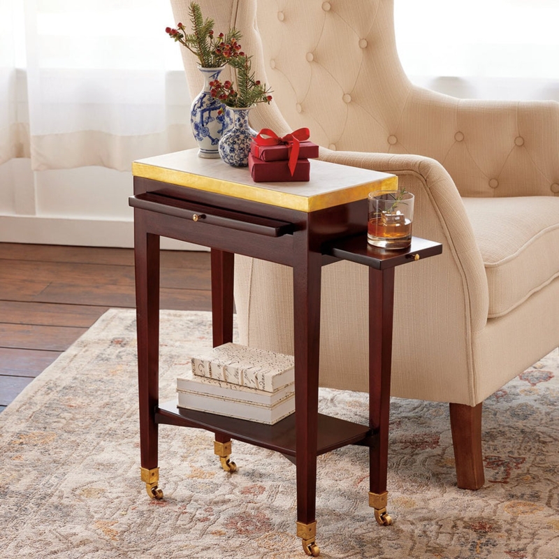 Side Table: Mahogany with Pull-Out Tray, Marble Top, Casters