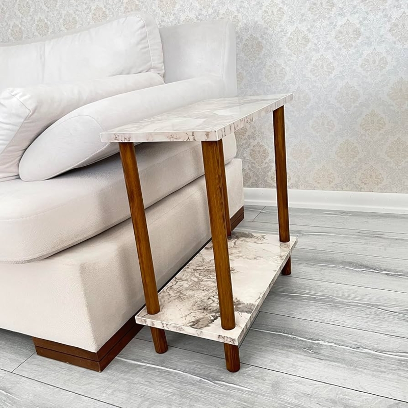 Side Table: Narrow Profile Two-Tier, Walnut Wood & Faux Marble