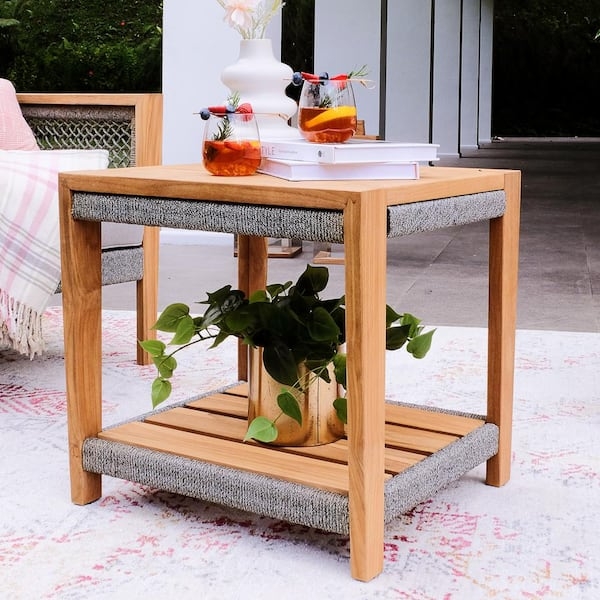 Side Table Organic Modern Rope Wrapped Apron Slatted Shelf