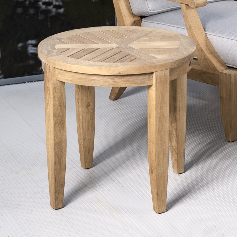 Side Table Outdoor Teak Accent Round Geometric Inlay Slatted Top