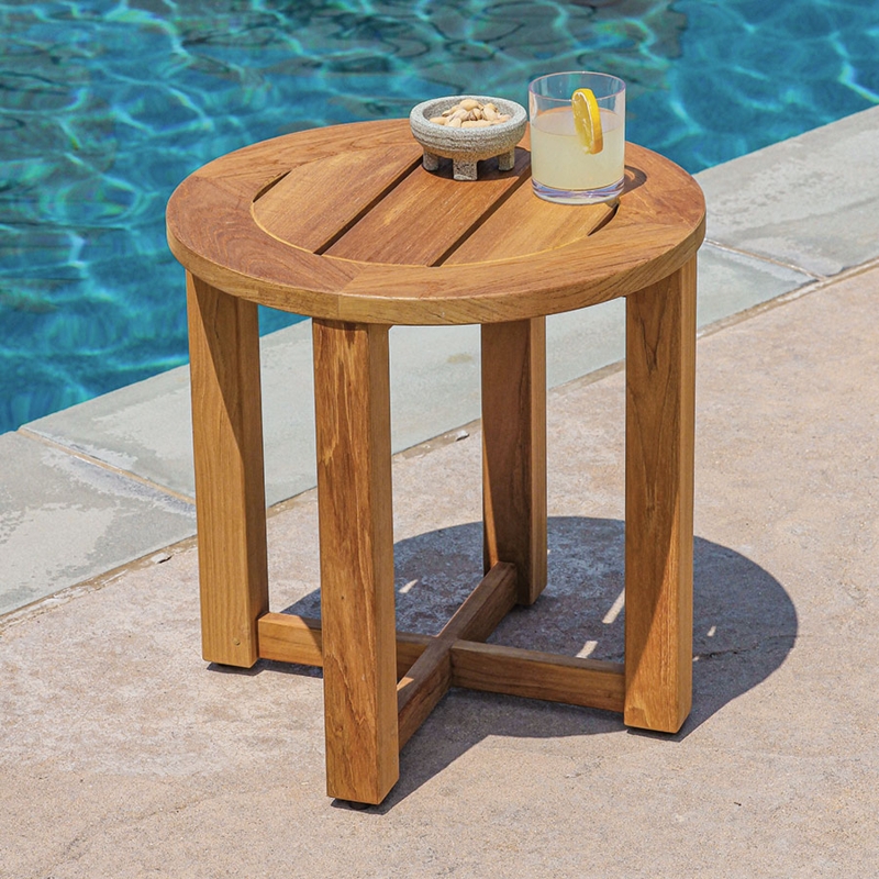 Side Table Poolside Wood Round Slatted Top X-Base Stretcher