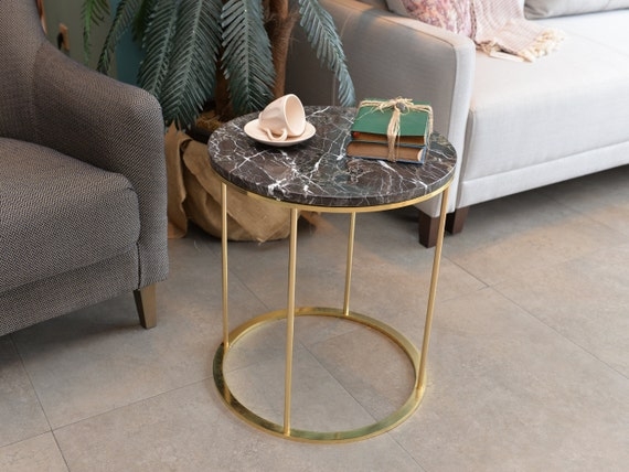 Side Table: Round Black Marble Look, Gold Tripod with Foot Ring