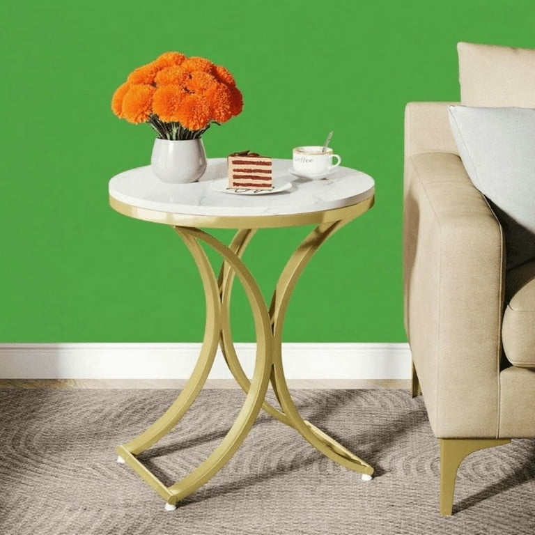 Side Table: Round Marble Effect, Sculptural Curved Metal Legs