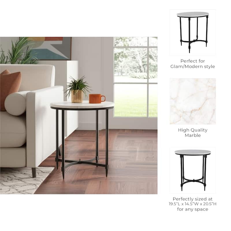 Side Table: Round Marble Top, Matte Black Cross-Stretcher Base