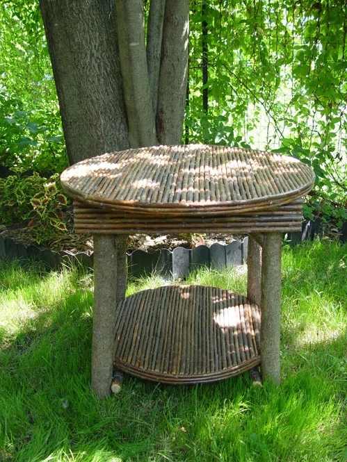 Side Table: Round Rustic Twig Construction with Lower Storage Shelf